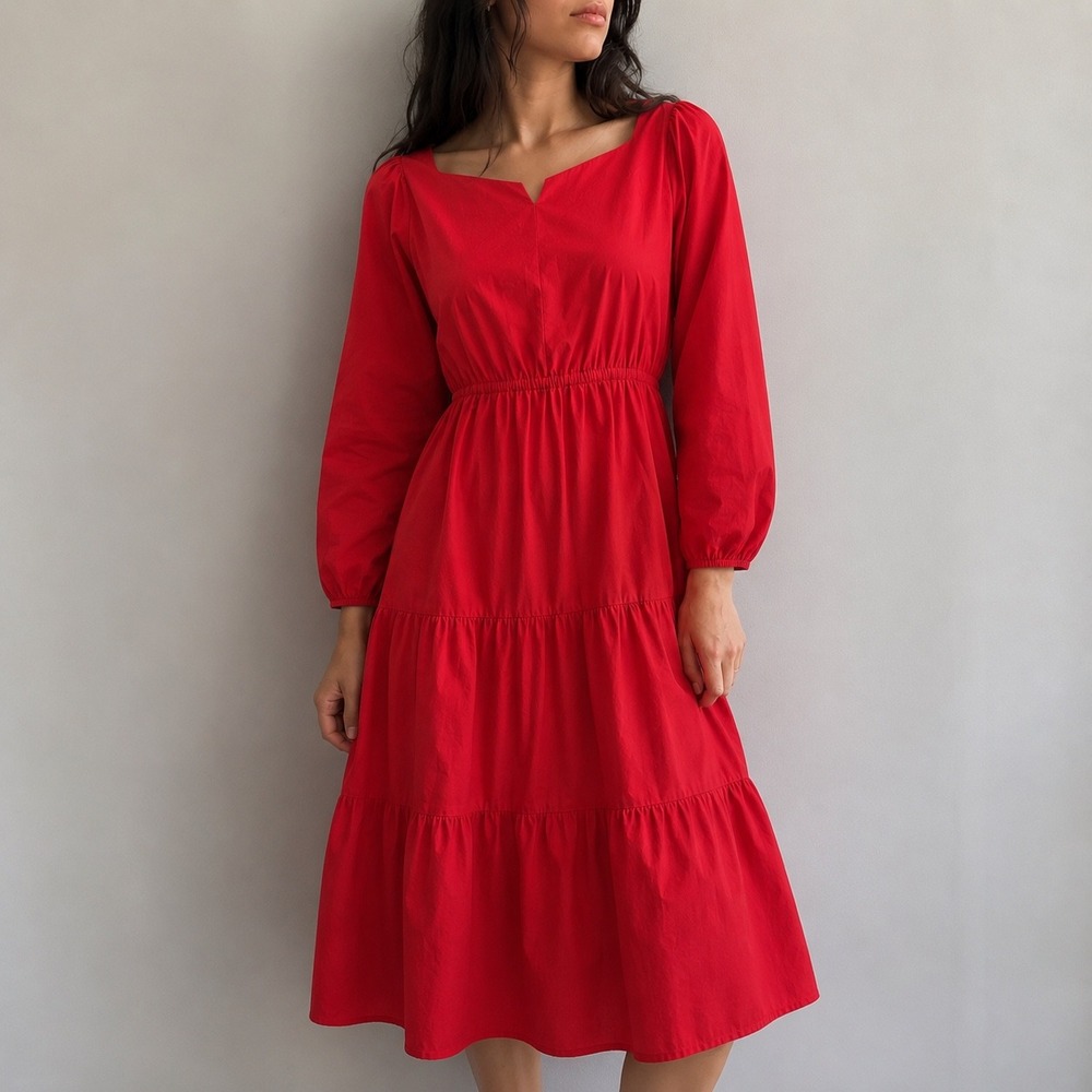 Busy Bees Smocks Cherry Red Prairie Cottagecore Tiered‎ Midi Dress Medium